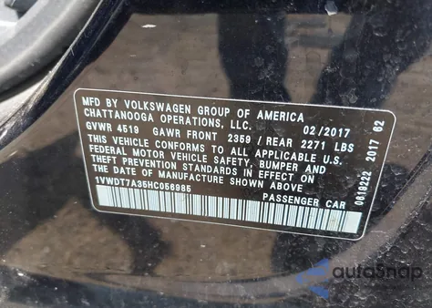 2017 Volkswagen Passat 1.8T R-Line from USA, damaged, VIN 1VWDT7A35HC056985